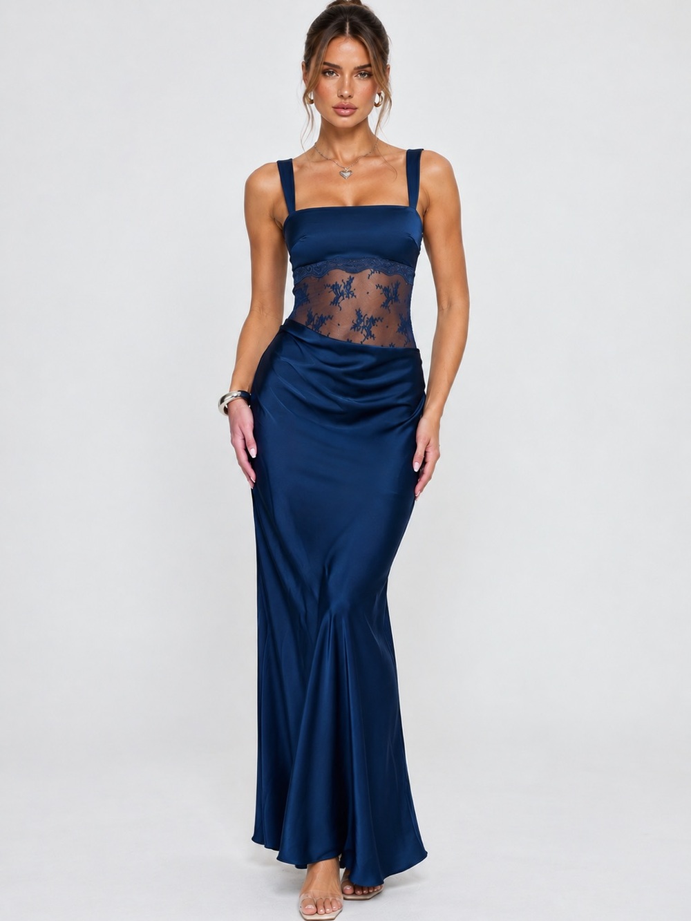 Princess Polly Navy Lace Mesh Satin Maxi Dress